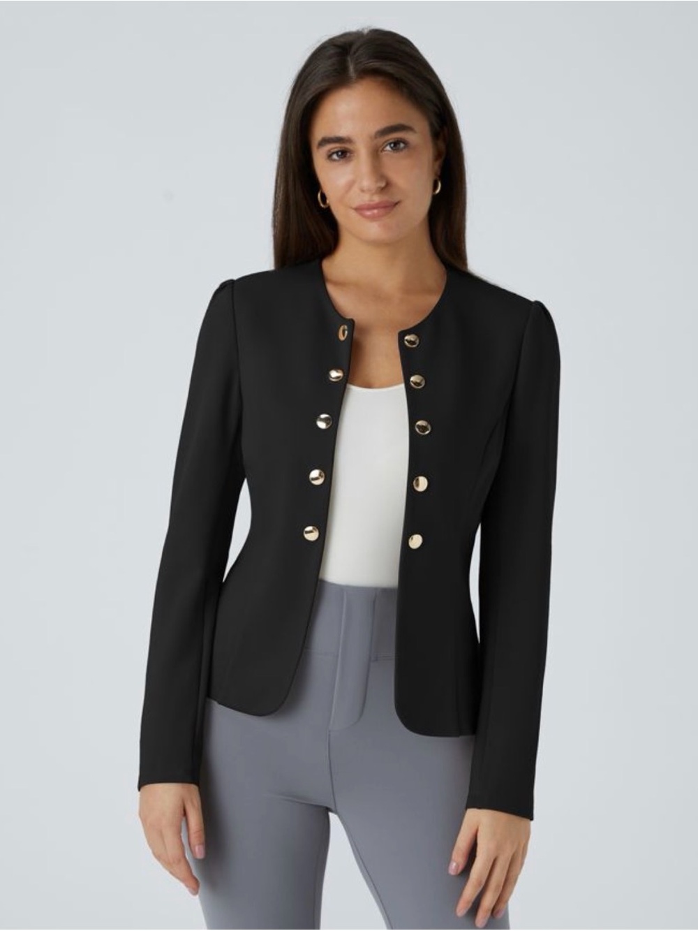 HALARA Black Collarless Blazer with Gold Buttons